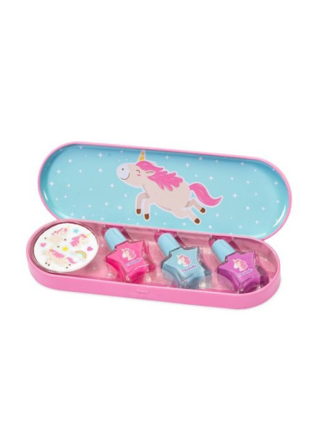 Estuche metálico pintauñas + stickers UNICORNIO